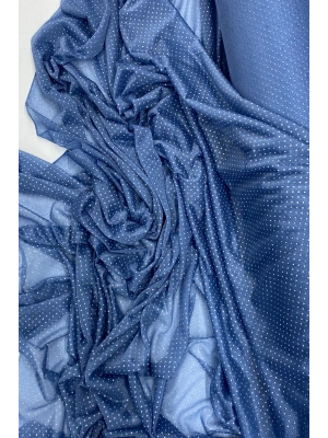 Yağmur Damlası Simli Abiye Elbise Şallık Tül Kumaş İndigo Mavi 89