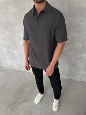 Yakalı Patlı Kısa Kol T-shirt - Antrasit -