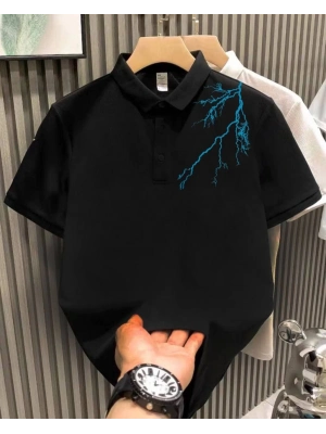 Yakası Düğmeli Oversize Baskılı T-Shirt - Siyah -