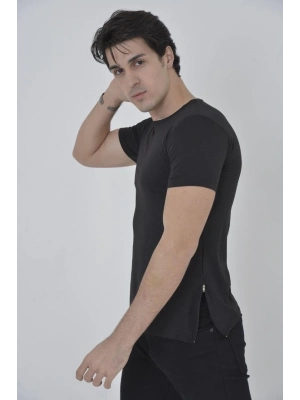Yandan Fermuarli Slim fit T-shirt - Siyah -