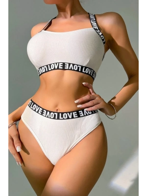 Kadın Beyaz Çapraz Sırt Ve Love Yazı Detaylı Iç Çamaşır Takımı