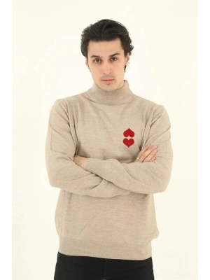 Yarım Boğazlı Baskılı Dokuma Triko - Bej -