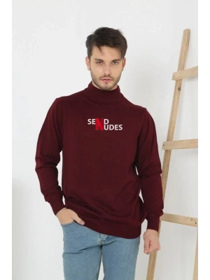 Yarım Boğazlı Baskılı Dokuma Triko - Bordo