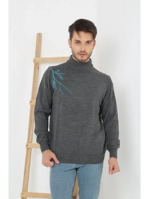 Yarım Boğazlı Baskılı Dokuma Triko - Füme