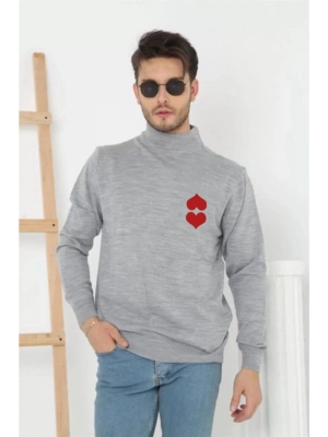 Yarım Boğazlı Baskılı Dokuma Triko - Gri