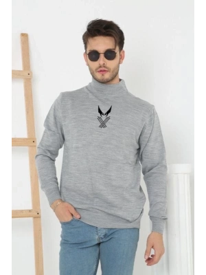 Yarım Boğazlı Baskılı Dokuma Triko - Gri