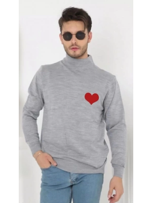 Yarım Boğazlı Baskılı Dokuma Triko - Gri