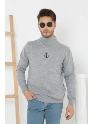 Yarım Boğazlı Baskılı Dokuma Triko - Gri