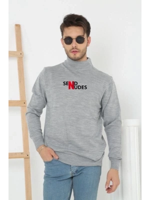 Yarım Boğazlı Baskılı Dokuma Triko - Gri