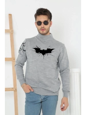 Yarım Boğazlı Baskılı Dokuma Triko -Gri