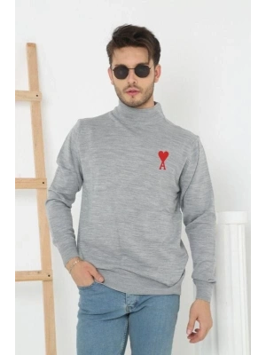 Yarım Boğazlı Baskılı Dokuma Triko - Gri