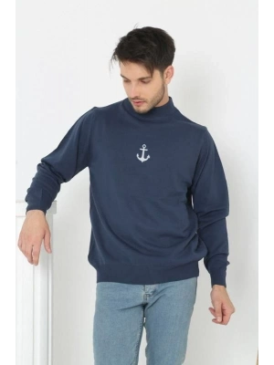 Yarım Boğazlı Baskılı Dokuma Triko - Indigo