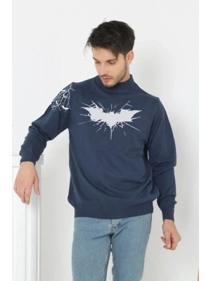 Yarım Boğazlı Baskılı Dokuma Triko -Indigo