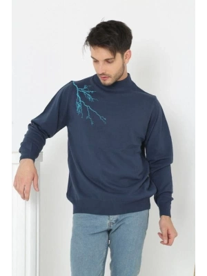 Yarım Boğazlı Baskılı Dokuma Triko - Indigo