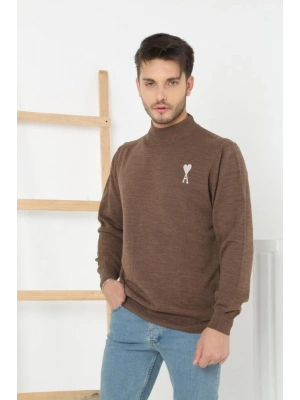 Yarım Boğazlı Baskılı Dokuma Triko - Kahve