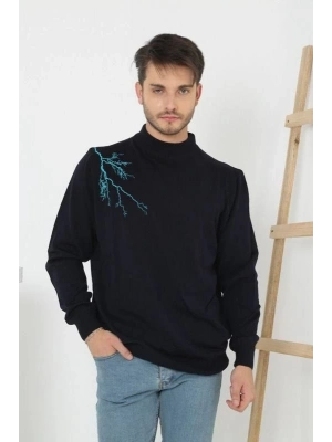 Yarım Boğazlı Baskılı Dokuma Triko - Siyah -