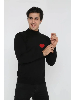 Yarım Boğazlı Baskılı Dokuma Triko - Siyah -