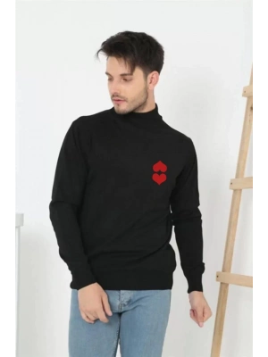 Yarım Boğazlı Baskılı Dokuma Triko - Siyah -