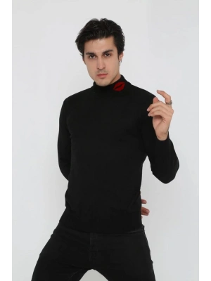 Yarım Boğazlı Baskılı Dokuma Triko - Siyah -