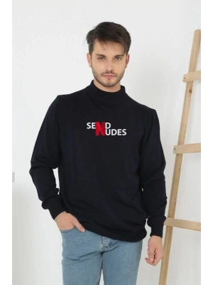 Yarım Boğazlı Baskılı Dokuma Triko - Siyah -