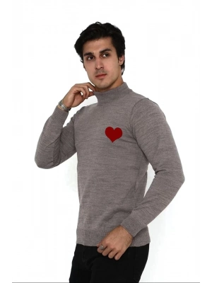 Yarım Boğazlı Baskılı Dokuma Triko - Vizon -