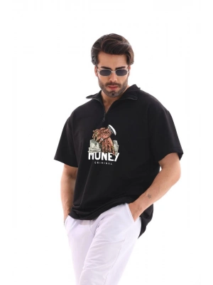 Yarım Fermuarlı Oversize Baskılı T-Shirt - Siyah -