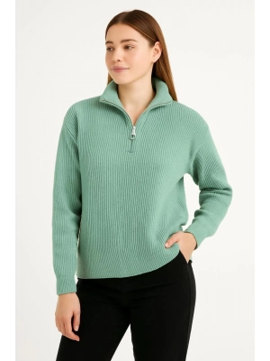 Yarım Fermuarlı Triko Kazak - Mint Yeşili -