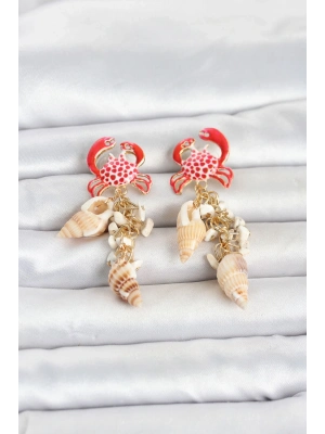 Yengeç Model Deniz Kabuğu Detaylı Kadın Küpe