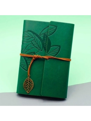 Yeşil Deri Kapaklı Yaprak Desenli Defter