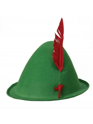 Yeşil Renk Kırmızı Tüylü Peter Pan Şapkası Robin Hood Şapkası 24x23 Cm