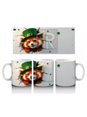 Yeşil Şapkalı Kırmızı Panda ve Yonca Yaprakları – Baskılı Kahve Kupası