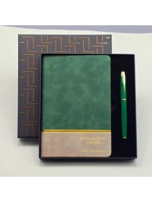 Yeşil Şeritli Defter Ve Yeşil Metal Kalem Set