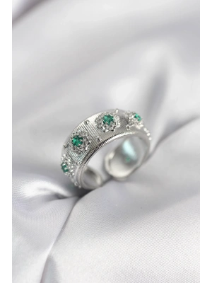 ® Yeşil Zirkon Taşlı Gümüş Renk Vintage Kadın Yüzük