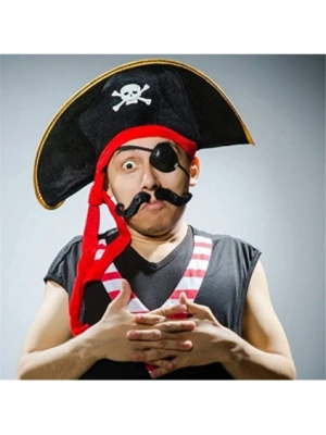 Yetişkin Boy Kadife Kaptan Jack Sparrow Korsan Şapkası ve Plastik Korsan Göz Maskesi
