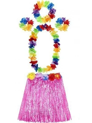 Yetişkin Ve Çocuk Uyumlu Luau Aloha Hawaii Pembe Etek Ve Renkli Kolye Taç 2 Adet Bileklik Seti