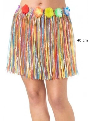 Yetişkin Ve Çocuk Uyumlu Rengarenk Püsküllü Hawaii Luau Hula Etek 40 Cm