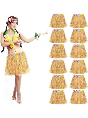 Yetişkin Ve Çocuk Uyumlu Saman Renk Hawaii Luau Hula Etek 40 Cm 12 Adet