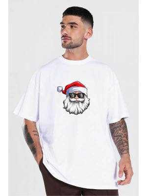 Yılbaşı Gözlüklü Noel Baba Baskılı Kısa Kollu Oversize Bisiklet Yaka T-shirt - Beyaz