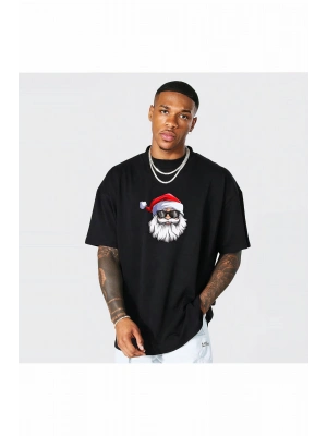 Yılbaşı Gözlüklü Noel Baba Baskılı Kısa Kollu Oversize Bisiklet Yaka T-shirt - Siyah