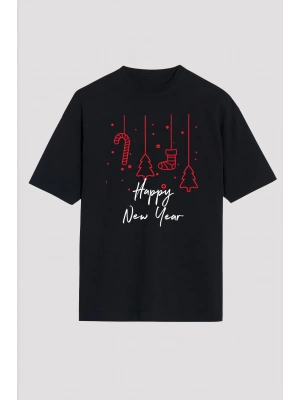 Yılbaşı Happy New Year Baskılı Kısa Kollu Oversize Bisiklet Yaka T-shirt - Siyah
