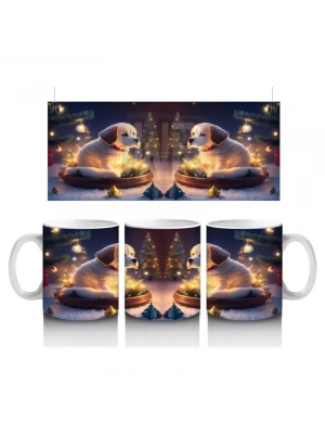 Yılbaşı Masasında Aydınlıkta Oturan Köpekler – Baskılı Kahve Kupası