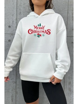 Yılbaşı Merry Christmas Baskılı Oversize Kapüşonlu Sweatshirt Hoodie - Beyaz