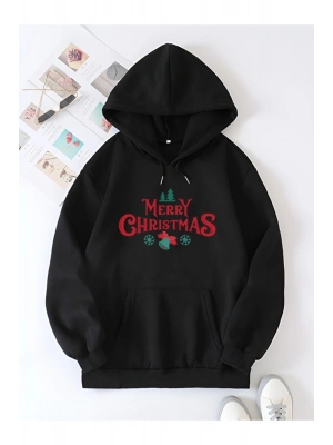 Yılbaşı Merry Christmas Baskılı Oversize Kapüşonlu Sweatshirt Hoodie - Siyah