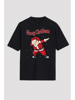 Yılbaşı Merry Christmas Noel Baba Baskılı Oversize Bisiklet Yaka T-shirt - Siyah