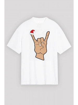 Yılbaşı Noel Başlıklı Serçe Parmak Baskılı Oversize Bisiklet Yaka T-shirt - Beyaz
