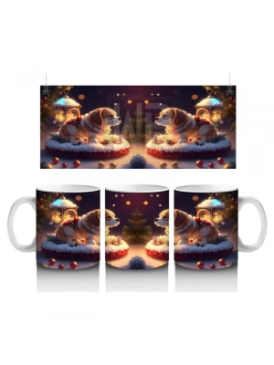 Yılbaşı Temasında Masada Oturan Köpekler – Baskılı Kahve Kupası