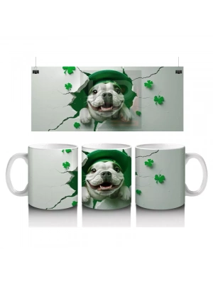 Yonca Yapraklarıyla Çevrili Sevimli Bulldog – Baskılı Kahve Kupası