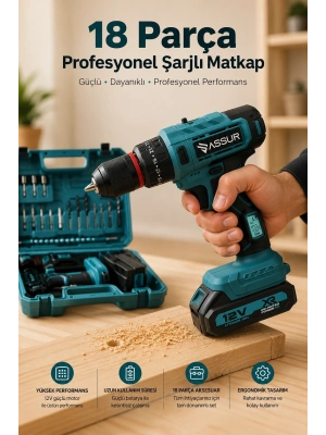 Yüksek Performanslı Şarjlı Matkap Seti Güçlü Motor, Uzun Pil Ömrü ve 18 Parça Aksesuarlı