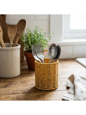 ®  Yuvarlak Hasır Dokulu Plastik Rattan Kaşıklık & Çatallık – Askılı Kendiliğinden Tutmalı Çok Amaçlı Mutfak Organizeri