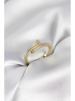® Zirkon Taşlı Gold Renk Yassı Çivi Model Kadın Yüzük